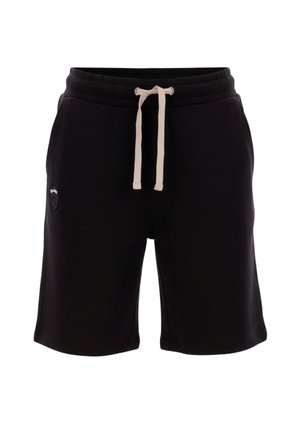 Pantaloncini casual neri con vita beige con coulisse e toppa con logo sulla coscia sinistra, realizzati in tessuto morbido, taglio al ginocchio.