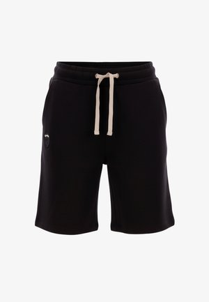 Pantaloncini casual neri con vita beige con coulisse e toppa con logo sulla coscia sinistra, realizzati in tessuto morbido, taglio al ginocchio.