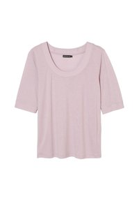 Ljusrosa kortärmad skjorta i mjukt tyg, med en bred rund halsringning och en avslappnad passform. Enkelt design utan dekorationer.