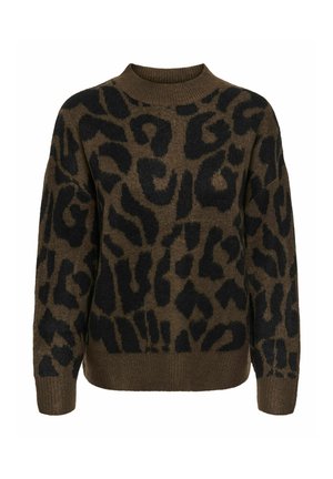 Pull en laine brun avec imprimé léopard noir. Doté d'un col rond, de poignets côtelés et d'un tissu texturé. Coupe décontractée.