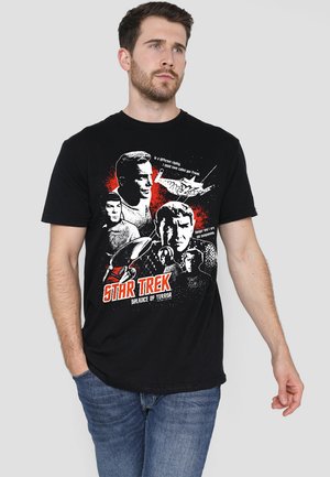 Black t-shirt featuring a graphic print with white and red colors, depicting characters and elements from "Star Trek: Balance of Terror."