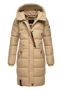 Beige vadderad parka med huva, framdragkedja, två sidofickor och dragsnören. Har orange detaljer och ribbade muddar. Lång och varm design.
