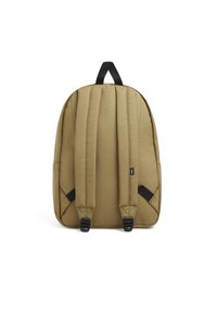 Zaino khaki con spallacci neri, forma rettangolare, texture liscia e maniglia superiore. Presenta due tasche laterali e uno schienale imbottito.