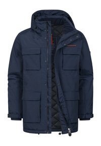 Giacca imbottita blu navy con cappuccio, due tasche sul petto, tasche laterali, chiusura con zip e fodera interna a contrasto con texture trapuntata.