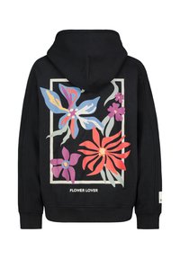 Schwarzer Hoodie mit einem bunten Blumenmuster auf der Rückseite. Enthält rosa, blaue und rote Blumen, die von einem weißen Rand umrahmt sind. Am unteren Rand steht der Text "FLOWER LOVER".