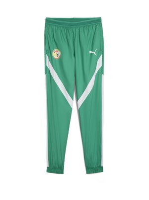 Groene sportbroek gemaakt van lichtgewicht stof, met witte diagonale strepen, een elastische tailleband en het logo van het nationale team van Senegal.