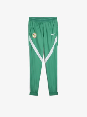 Zelené športové nohavice vyrobené z ľahkej látky, s bielymi diagonálnymi pruhmi, elastickým pásom a logom národného tímu Senegalu.