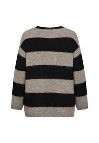 Striped sweater in gray and black, featuring a loose fit, textured wool material, a wide neckline, and long sleeves.