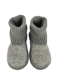 Grijze wollen sloffen met een gebreide boord, met een zachte, gestructureerde oppervlakte en een afgeronde neus. Strakke en comfortabele pasvorm.