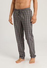 Ruiten katoenen pyjamabroek in grijs, blauw en beige, met een elastische tailleband en trekkoord, recht vallende pijpen en een zachte textuur.