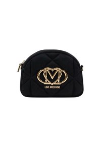 Borsa a tracolla in tessuto trapuntato nero con forma arrotondata, logo in hardware dorato e chiusura con zip. Caratterizzata da un motivo a diamante e branding.