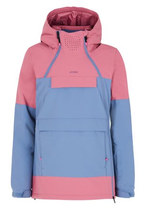 Giacca a collo alto a blocchi di colore in rosa e blu. Presenta un cappuccio, tasca frontale, cerniere e dettagli in rete traspirante. Materiale durevole e resistente all'acqua.
