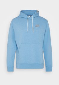 Ljusblå Nike huvtröja med vita dragsko, framfickor i känguru-stil och en svart Nike-logga på vänster bröst.