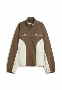 Brown and cream windbreaker jacket with a high collar, zip closure, and contrasting panel design. Material appears lightweight and textured.