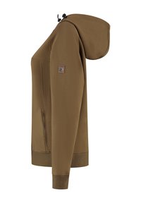 Sweatshirt à capuche marron avec poches avant, poignets et ourlet côtelés, et un patch logo sur la manche supérieure.