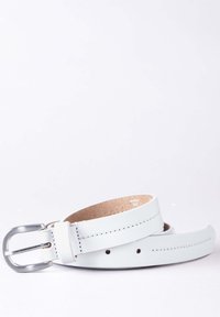 White leather belt with smooth texture, silver rectangular buckle, and contrasting stitching along the edges. Multiple holes for size adjustment.