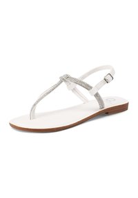 Infradito bianche piatte con design T-strap e акcento glitterato argento. La suola è marrone e le cinghie sono regolabili con una fibbia.