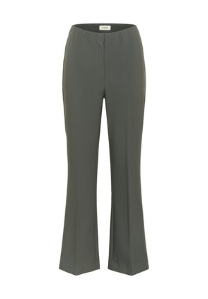 Pantalons vert olive avec une coupe décontractée, des jambes droites et une taille élastique discrète. Fabriqués à partir d'un tissu lisse et léger.