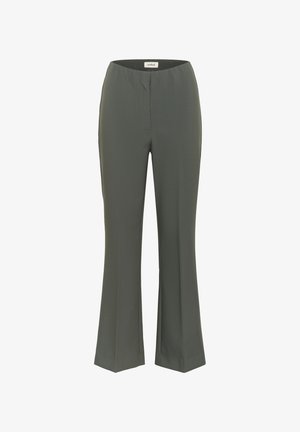 Pantalons vert olive avec une coupe décontractée, des jambes droites et une taille élastique discrète. Fabriqués à partir d'un tissu lisse et léger.