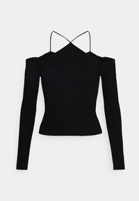 Top negro de canalé con mangas largas y diseño off-shoulder. Presenta finas tiras entrelazadas en la parte posterior y una silueta ajustada.
