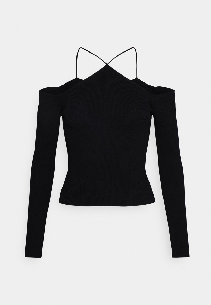 Top negro de canalé con mangas largas y diseño off-shoulder. Presenta finas tiras entrelazadas en la parte posterior y una silueta ajustada.