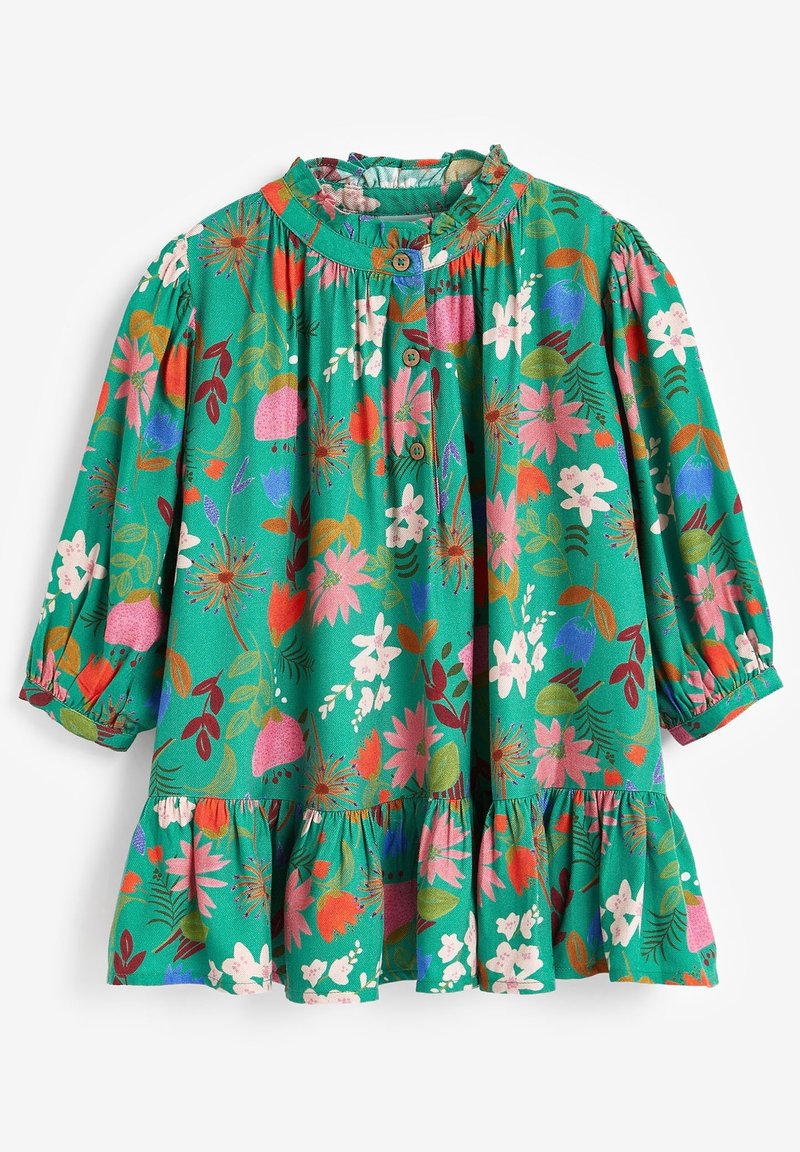 Robe florale verte avec de longues manches bouffantes, un ourlet volanté et des boutons sur le devant. Présente des motifs colorés de fleurs et de feuilles.