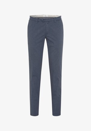 Pantaloni da uomo slim-fit blu scuro con chiusura a bottone e passanti per cintura, mostrati dalla parte anteriore su sfondo bianco.