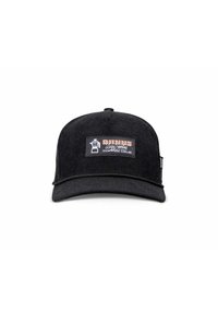 Gorra de pana negra con visera plana. Presenta un parche rectangular con un gráfico de una cafetera y el texto "Club de Café Domingos Perezosos".
