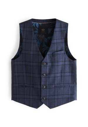 Men’s navy blue checked waistcoat with four black buttons and floral patterned inner lining, front pockets, and a chest pocket.