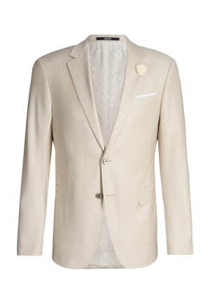 Blazer beige a un petto con rever a lancia, due tasche frontali, chiusura con bottoni, fazzoletto bianco nel taschino e un piccolo fiore di stoffa sul rever.