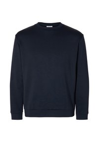 Mörkblå sweatshirt i mjukt tyg, med rund halsringning, långa ärmar och ribbade muddar och fåll för en åtsittande look.