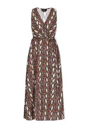 Rochie lungă fără mâneci, tip wrap, cu imprimeu de șarpe în nuanțe de maro, bej și negru și curea legată în talie.