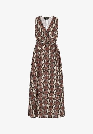 Abito lungo senza maniche con stampa a motivo serpente nei toni del marrone, beige e nero e cintura in vita annodata.