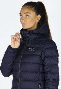 Navy blue puffer jacket with a zip front, adjustable hood, and "SWEDEMOUNT" logo. Features quilted pattern and smooth texture.