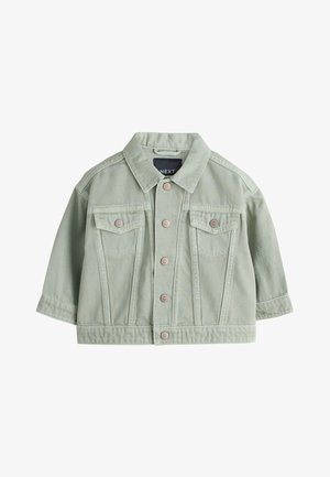 Jachetă scurtă din denim verde deschis, cu nasturi în față, două buzunare cu clapetă la piept, mâneci lungi și guler.