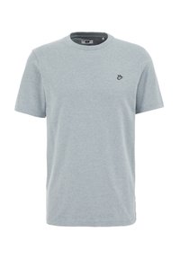 Tricou din bumbac gri deschis, cu guler rotund, mâneci scurte și un mic design brodat pe pieptul stâng.