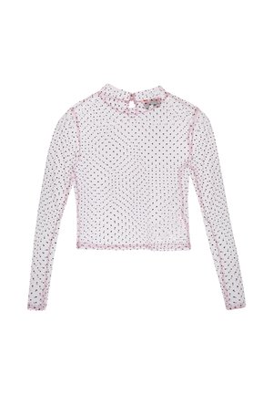 Langærmet, gennemsigtig lyserød mesh-top med sorte polkaprikker og en lille keyhole-knaplukning bagpå ved halsudskæringen.