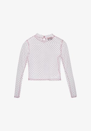 Langærmet, gennemsigtig lyserød mesh-top med sorte polkaprikker og en lille keyhole-knaplukning bagpå ved halsudskæringen.