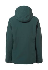 Türkise wasserdichte Jacke mit Kapuze, die über eine glatte Textur, lange Ärmel und einen leicht taillierten Schnitt verfügt. Keine sichtbaren Hardware-Details.