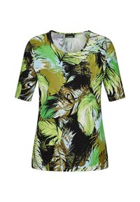 Kurzarmhemd in Grün und Schwarz mit einem Blättermuster. Aus weichem Material gefertigt, mit rundem Ausschnitt und taillierter Passform.