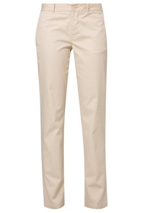 Beige rechte broek met riemlussen, knoop aan de voorkant en rits, gemaakt van een gladde stof.