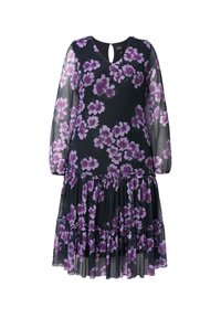 Schwarzes, durchsichtiges Langarmkleid mit gestuftem Rock, verziert mit lila Blumenmuster und einer kleinen Öffnung mit Knopfverschluss am Ausschnitt.