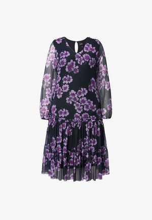 Schwarzes, durchsichtiges Langarmkleid mit gestuftem Rock, verziert mit lila Blumenmuster und einer kleinen Öffnung mit Knopfverschluss am Ausschnitt.