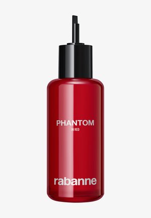 Red cylindrical spray bottle with black pump cap labeled "PHANTOM IN RED" and "rabanne" on the front.