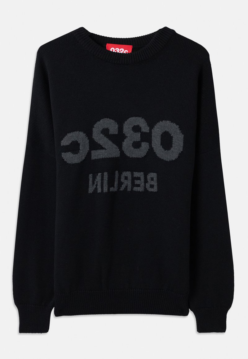 Pull en maille noir avec col rond, arborant en son centre un texte gris audacieux "0326 BERLIN". Poignets et ourlet côtelés.