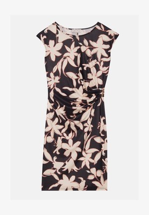 Robe à motif floral en noir et crème, avec un col rond, des manches courtes, un détail torsadé à la taille et un tissu doux et extensible.
