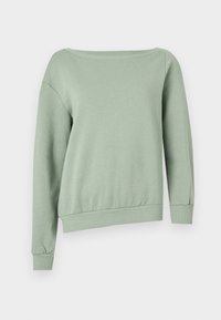 Sudadera de color verde claro, sin hombros, con mangas largas, puños acanalados y dobladillo ajustado. Hecha de una tela suave y texturizada.
