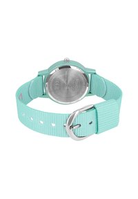 Muntgroene horloge met een stoffen band, roestvrijstalen achterkant, ronde kast en een zilveren gesp. Gestructureerde band met verstelbare gaatjes.