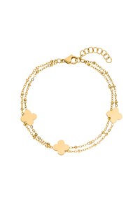 Goldene Kettenarmband mit drei blumenförmigen Akzenten, die sich abwechseln mit zarten Gliedern. Enthält einen Karabinerverschluss und eine verstellbare Kette.