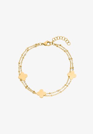 Goldene Kettenarmband mit drei blumenförmigen Akzenten, die sich abwechseln mit zarten Gliedern. Enthält einen Karabinerverschluss und eine verstellbare Kette.